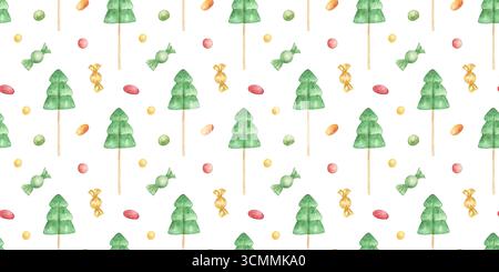 Motif aquarelle festif avec arbres de Noël, sucettes, bonbons, dragées colorées. Sucettes en forme de sapin de Noël, motif sans couture. Banque D'Images
