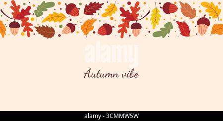 Modèle horizontal avec une bordure de glands et de feuilles de chêne. Bannière atmosphérique d'automne confortable à remplir. Fond de saison d'automne, graphique vectoriel Illustration de Vecteur