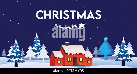 Illustration vectorielle de Noël avec de la neige, maison confortable, pins, chariot de renne d'équitation Santa. Idéal pour les cartes festives, affiche, conception de vacances d'hiver. Illustration de Vecteur
