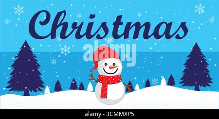 Illustration vectorielle de bannière de Noël festive avec bonhomme de neige, arbres enneigés et typographie élégante sur un fond bleu ciel pour les thèmes de vacances et d'hiver. Illustration de Vecteur