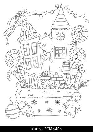 Coloriage pour adultes et enfants avec Un sac de cadeaux maisons et bonbons pour Noël Illustration de Vecteur