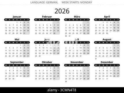 Calendrier allemand pour 2026. Illustration de l'année vectorielle pour l'Allemagne Illustration de Vecteur