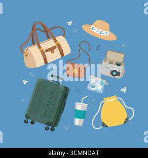 Ensemble d'autocollants d'été. Types de bagages pour la collecte à l'aéroport. Sac à dos, valise, mallette et autres sacs de voyage, bagages à main et éléments. Moderne c Illustration de Vecteur