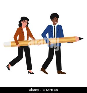 Deux professionnels marchent ensemble, chacun tenant un grand crayon, dans un cadre de bureau dynamique. Leurs expressions montrent de l'enthousiasme alors qu'ils se préparent à un Illustration de Vecteur