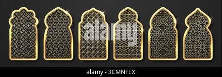 Formes de fenêtres islamiques dorées. Cadres dorés avec ornement arabe traditionnel. Arches de mosquée, portes ramadan kareem, portes sur fond sombre. Éléments d'architecture musulmane vintage, frontières de luxe marocaines Illustration de Vecteur