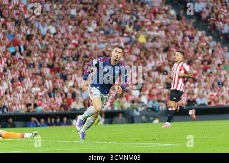 Gabriel Martinelli après son but lors du match de Ligue des Champions entre l'Athletic Bilbao et l'Arsenal FC à San Mamés, à Bilbao Banque D'Images