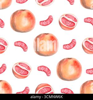 Modèle sans couture avec pamplemousse entier, moitié et tranche. Illustration aquarelle isolée pour la conception d'emballage, l'impression textile, le restaurant et le menu d Banque D'Images