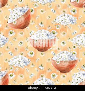 Modèle sans couture avec sel de mer et camomille sur fond beige. Illustration d'aquarelle sur le thème de beauté pour la conception de cosmétiques écologiques faits à la main Banque D'Images