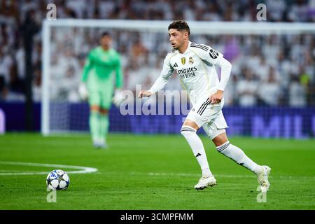 MADRID, ESPAGNE - 16 SEPTEMBRE : Federico Valverde du Real Madrid lors du match de phase MD1 de l'UEFA Champions League 2025/26 entre le Real Madrid C.F. et l'Olympique de Marseille à l'Estadio Santiago Bernabeu le 16 septembre 2025 à Madrid, Espagne. (Photo de QSP) Banque D'Images