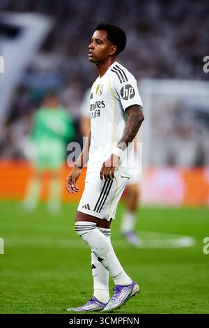 MADRID, ESPAGNE - 16 SEPTEMBRE : Rodrygo est membre du Real Madrid lors du match de l'UEFA Champions League 2025/26 phase MD1 entre le Real Madrid C.F. et l'Olympique de Marseille à l'Estadio Santiago Bernabeu le 16 septembre 2025 à Madrid, Espagne. (Photo de QSP) Banque D'Images