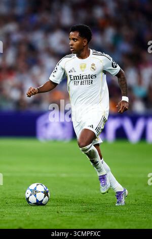 MADRID, ESPAGNE - 16 SEPTEMBRE : Rodrygo est membre du Real Madrid lors du match de l'UEFA Champions League 2025/26 phase MD1 entre le Real Madrid C.F. et l'Olympique de Marseille à l'Estadio Santiago Bernabeu le 16 septembre 2025 à Madrid, Espagne. (Photo de QSP) Banque D'Images