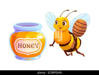 Personnage d'abeille au miel de dessin animé volant près du pot de miel avec une trempette en bois à la main. Mascotte de rucher vecteur avec visage souriant et ailes bleues. Insecte drôle pour l'apiculture, le produit sucré et le jardin de fleurs Illustration de Vecteur
