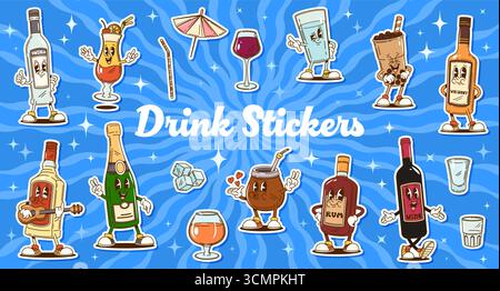 Emballage d'autocollants de personnages de boissons groovy et de boissons alcoolisées. Ensemble amusant de vecteur de vodka de dessin animé, whisky, vin, cocktails, champagne, rhum, soda, liqueur et mocktail, personnages chacun avec des expressions mignonnes Illustration de Vecteur