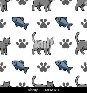 Motif vectoriel sans couture avec des chats gris ludiques, des poissons bleus et des impressions de pattes sur un fond blanc, idéal pour les dessins sur le thème des animaux de compagnie et les impressions textiles. Illustration de Vecteur