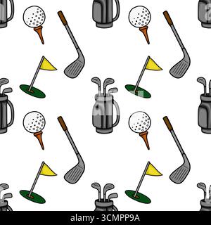 Motif vectoriel sans couture avec équipement de golf dessiné à la main, y compris des balles sur des tees, des clubs, des sacs et des drapeaux, créant un design ludique et sportif. Illustration de Vecteur