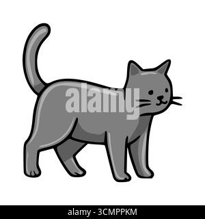 Illustration vectorielle adorable d'un chat gris debout dans une pose ludique, caractérisée par ses caractéristiques simplifiées mais expressives et ses contours audacieux. Illustration de Vecteur