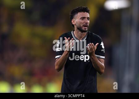 Turin, Italie. 16 septembre 2025. Joao Mario du Juventus FC fait des gestes lors du match de la phase MD1 de l'UEFA Champions League entre la Juventus FC et le Borussia Dortmund au stade Allianz le 16 septembre 2025 à Turin, Italie . Crédit : Marco Canoniero/Alamy Live News Banque D'Images