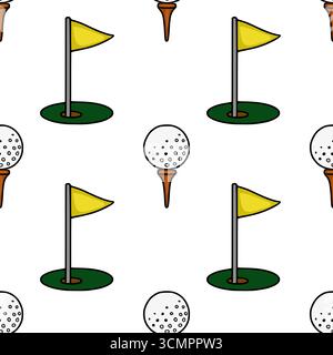 Motif vectoriel sans couture avec une illustration ludique de balles de golf sur des tees et des drapeaux, rendu dans un style dessiné à la main avec des contours audacieux et vibran Illustration de Vecteur