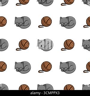 Motif vectoriel sans couture avec des chatons gris endormis adorables enroulés à côté de boules de fil brun, créant une idée de design charmante et répétitive Illustration de Vecteur