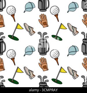 Modèle vectoriel sans couture avec des illustrations dessinées à la main de l'équipement de golf, y compris des balles, des tees, des clubs, des gants, chaussures, sacs et drapeaux, créant un Illustration de Vecteur