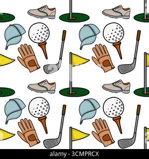 Modèle vectoriel sans couture avec une illustration ludique de l'équipement de golf, y compris des balles de golf, des clubs, des chaussures, des gants, et des chapeaux, placés contre un blanc Illustration de Vecteur