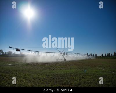 Irrigation pivot central sur Sunny Farm - Un grand système d'irrigation automatisé arrose un champ agricole vert sous un ciel bleu clair et lumineux avec le soleil Banque D'Images