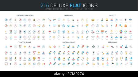 Ensemble complet d'icônes de style plat couvrant les panneaux d'interdiction, les avertissements, la sécurité, les feux de circulation, le compte d'utilisateur, illustration vectorielle isolée des concepts d'ID de personne et Illustration de Vecteur