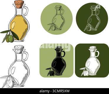 Bouteille d'huile d'olive branche de baies avec logotype de feuilles vertes. Illustration vectorielle en couleur à l'encre de la ligne graphique. design pour graphiques de mode, imprimés textiles, f Illustration de Vecteur