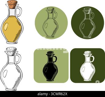 logo de bouteille en verre d'huile d'olive. Illustration vectorielle en couleur à l'encre de la ligne graphique. Bouteille d'huile d'olive extra vierge bio avec étiquette. Exemple d'affiche, invita Illustration de Vecteur