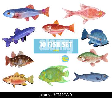 Ensemble d'illustrations de collection de poissons d'aquarelle mignon. Une délicieuse collection de diverses illustrations de poissons dans un style de peinture à l'aquarelle mignonne Banque D'Images