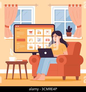 Femme magasinant en ligne à la maison en utilisant l'illustration de site Web d'ordinateur portable et de commerce électronique dans le salon confortable Illustration de Vecteur