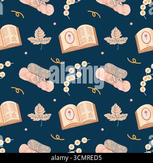 Un motif automnal sans couture chaud et confortable. Guirlande, fil, livres et feuilles d'automne sur fond bleu foncé. Un fond coloré avec des éléments et des attributs automnaux. Une belle impression automnale pour les textiles, l'emballage, le papier peint et le design, en graphismes vectoriels. Illustration vectorielle plate. Illustration de Vecteur