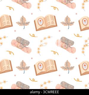 Un motif automnal sans couture chaud et confortable. Guirlande, fil, livres et feuilles d'automne sur fond blanc. Un fond coloré avec des éléments et des attributs automnaux. Une belle impression automnale pour les textiles, l'emballage, le papier peint et le design, en graphismes vectoriels. Illustration vectorielle plate. Illustration de Vecteur