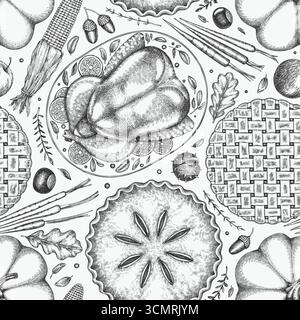 Motif sans couture de menu de Thanksgiving dessiné à la main. Illustration de nourriture festive. Fond de dîner familial de style vintage Illustration de Vecteur