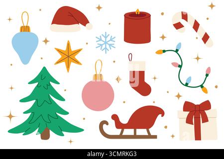 ensemble d'icônes de noël : présent, arbre, étoile, chapeau de père noël, bas, traîneau de père noël, boule, lumières, canne de bonbons, flocon de neige, bougie - illustration vectorielle Illustration de Vecteur