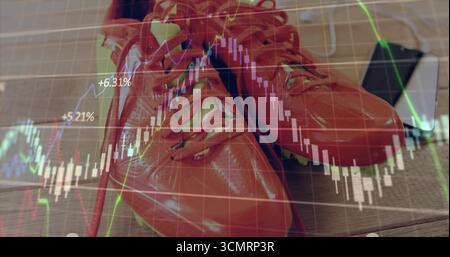 Mettant en vedette des chaussures de sport rouge brillant reposant sur une table en bois sur une tablette, affichant la superposition du graphique Banque D'Images