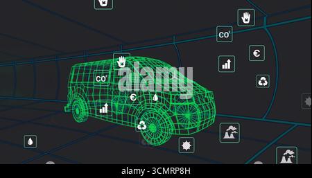 Modèle de fourgon filaire rotatif à l'intérieur d'un tunnel numérique, avec des icônes environnementales et économiques flottantes Banque D'Images