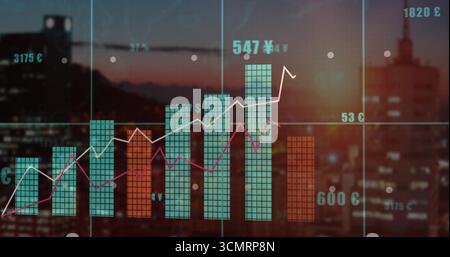 Graphique financier montrant des barres orange turquoise lignes magenta blanches au-dessus de l'horizon du crépuscule, avec grille €¥£ ? Banque D'Images