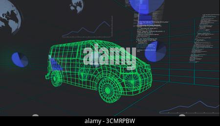 Affichage d'un modèle de van filaire vert néon dans une grille 3D, avec des diagrammes circulaires flottants et des extraits de code Banque D'Images