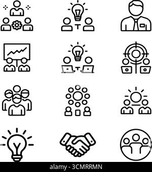 Illustrations de l'ensemble d'icônes de travail d'équipe en noir et blanc Illustration de Vecteur