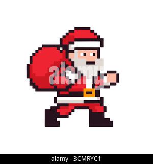 Rétro pixel art Santa Claus avec cadeau isolé sur fond blanc sac nostalgique art de jeu de vacances Illustration de Vecteur