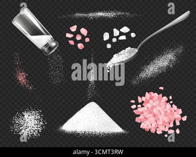Poudre de sel de mer. Grains de sel roses et blancs avec cuillère, shaker à sel. Minéral naturel de cuisine salé dispersé, pile d'épices, ingrédient alimentaire. Ensemble isolé réaliste vectoriel. Illustration de Vecteur