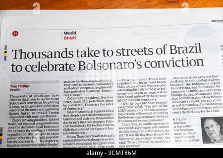 « Des milliers de personnes descendent dans les rues du Brésil pour célébrer la condamnation de Bolsonaro » titre du journal Guardian 13 septembre 2025 Londres Royaume-Uni Banque D'Images