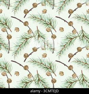 Motif sans couture de Noël avec des branches de sapin vert et des brindilles séchées avec des pommes de pin. Illustration d'aquarelle dessinée à la main. Clip du nouvel an pastel rustique Ar Banque D'Images