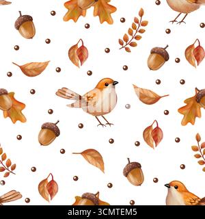Modèle sans couture avec des oiseaux d'automne, des glands et des feuilles dans un style aquarelle doux. Parfait pour le tissu, le papier d'emballage, la papeterie Banque D'Images