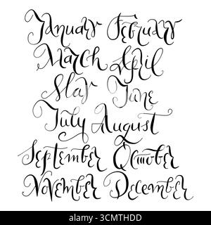 Ensemble manuscrit vectoriel élégant de lettrage de mois dans un style d'encre cursive, illustrations de calligraphie vectorielle parfaites pour les planificateurs et les calendriers. Année après Illustration de Vecteur