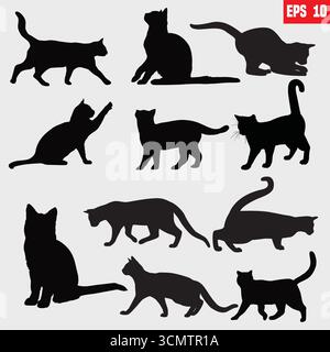 Ensemble de silhouette de chats dans différentes poses. Chats noirs dessinés à la main isolés sur fond blanc. Illustration vectorielle d'éléments décoratifs d'Halloween Illustration de Vecteur