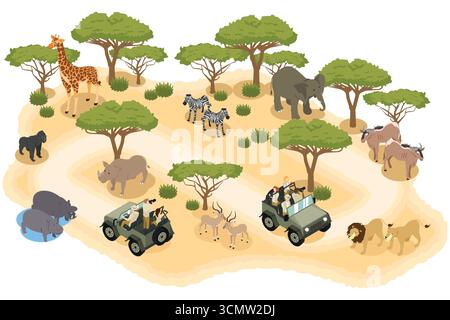 Illustration vectorielle de Isométrique d'un Safari dans la jungle africaine Illustration de Vecteur