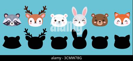 Un ensemble de mignons animaux de la forêt et leurs ombres. Arrière-plan isolé. Illustration vectorielle dessinée à la main. Illustration de Vecteur
