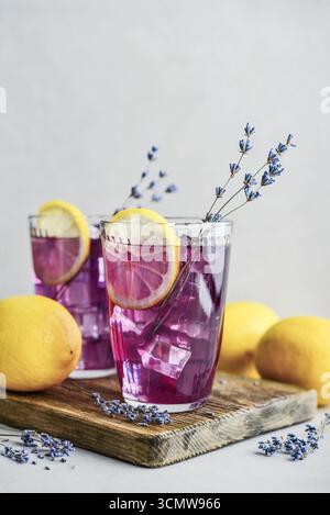 Limonade d'été avec lavande, jus de citron et bleuets dans deux verres sur fond clair Banque D'Images